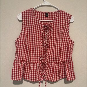 SHEIN Red and White Gingham Lace-Up Peplum Tank Top